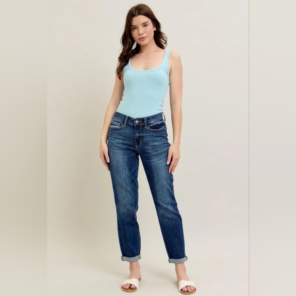 Judy Blue Mid Rise Dark Wash Slim Fit Denim Jeans Cuffed 7/28 NWT